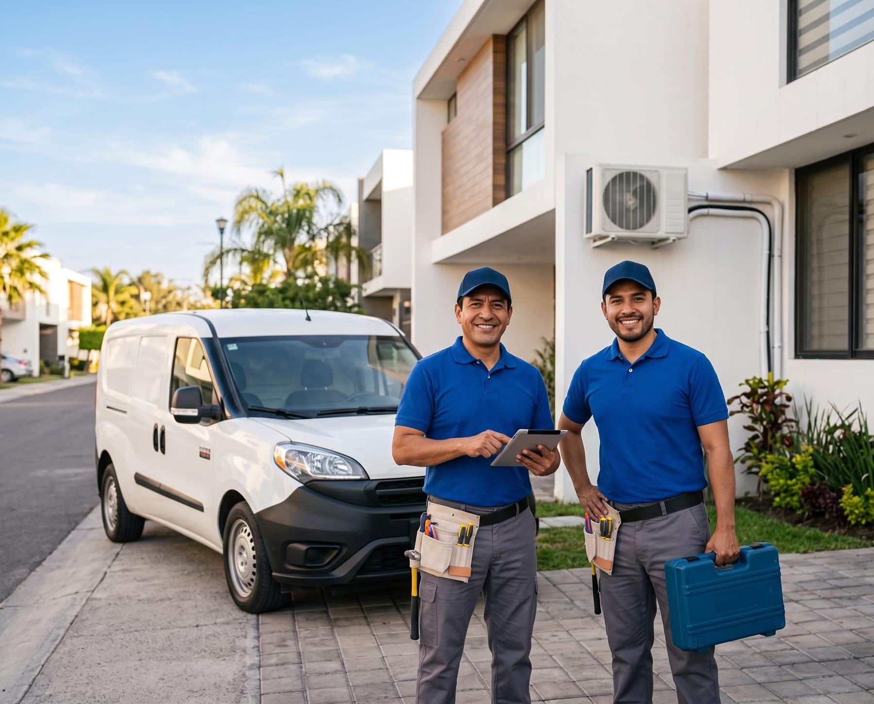 Técnicos de Climex frente a su camioneta junto a un minisplit recién instalado